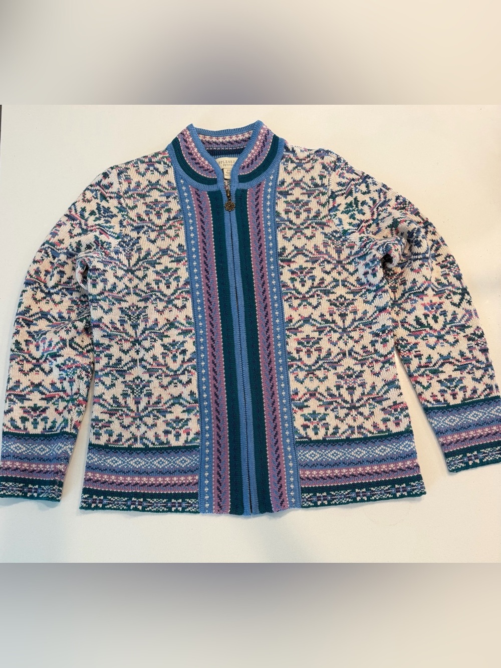 Appleseed vintage Fair Isle Zip Cardigan Sweater in Cream, Teal & Purple